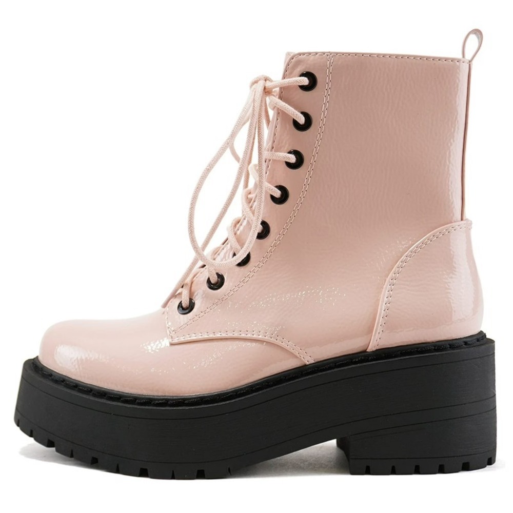 Women Combat Platform Lug Sole Block Heel Ankle Boots Blush Patent Lace Up SZ 8 - Picture 2 of 4